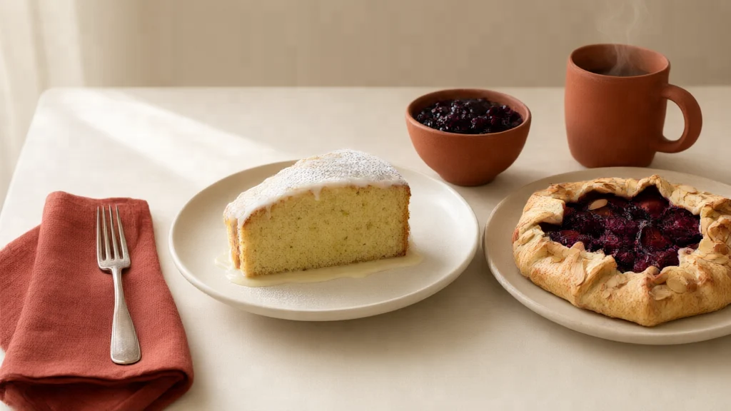 Un tavolo da colazione con torte fatte in casa, preparato per un piccolo bed and breakfast, senza persone né insegne.
